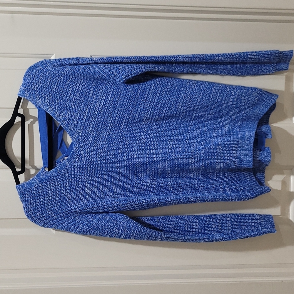 SO Blue and White Knitted Pullover Sweater Criss Cross Back Size S